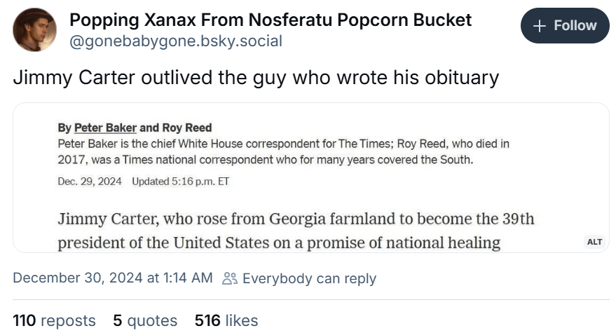 Jimmy Carter meme, text reads, 'Jimmy Carter outlived the guy who wrote his obituary' with a screenshot of the obituary in question.