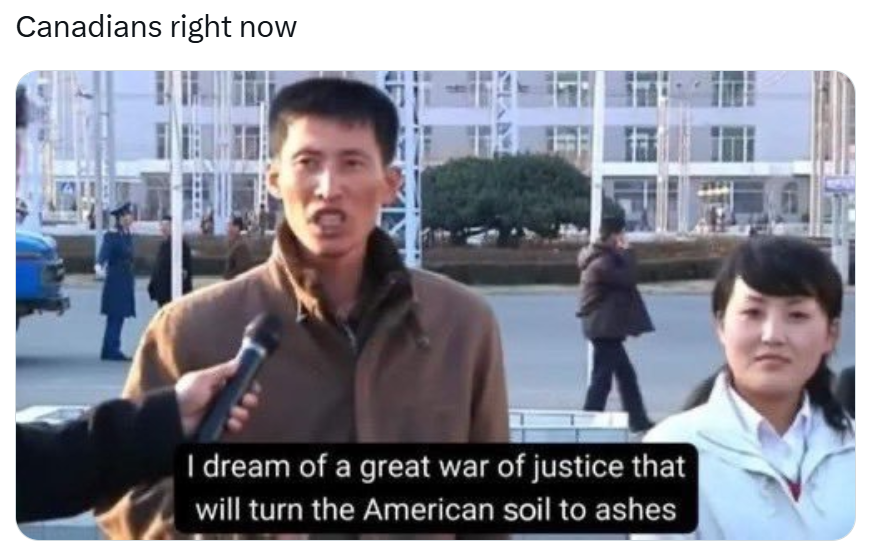 Tariff meme, text reads, 'Canadians right now' with a man on the street being interviewed saying, 'I dream of a great war of justice that will turn the American soil to ashes.'