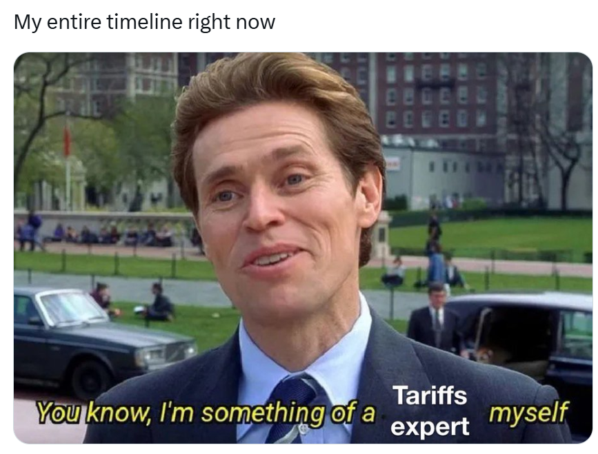 Tariff meme, text reads, 'My entire timeline right now' with a screencap of Norman Osborn saying, 'You know, I'm something of a Tariffs expert myself.'