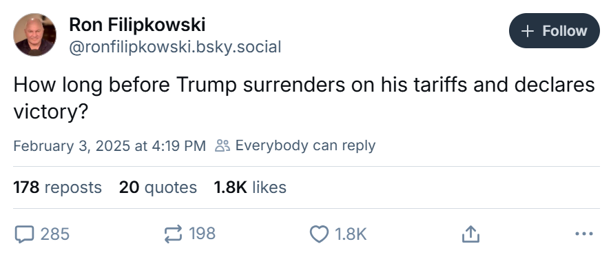 Tariff meme, text reads, 'How long before Trump surrenders on his tariffs and declares victory?'