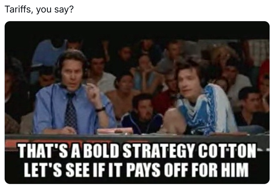 Tariff meme, text reads, 'Tariffs, you say? with a screenshot of a sports movie with text that says, 'That's a bold strategy Cotton, let's see if it pays off for him.'