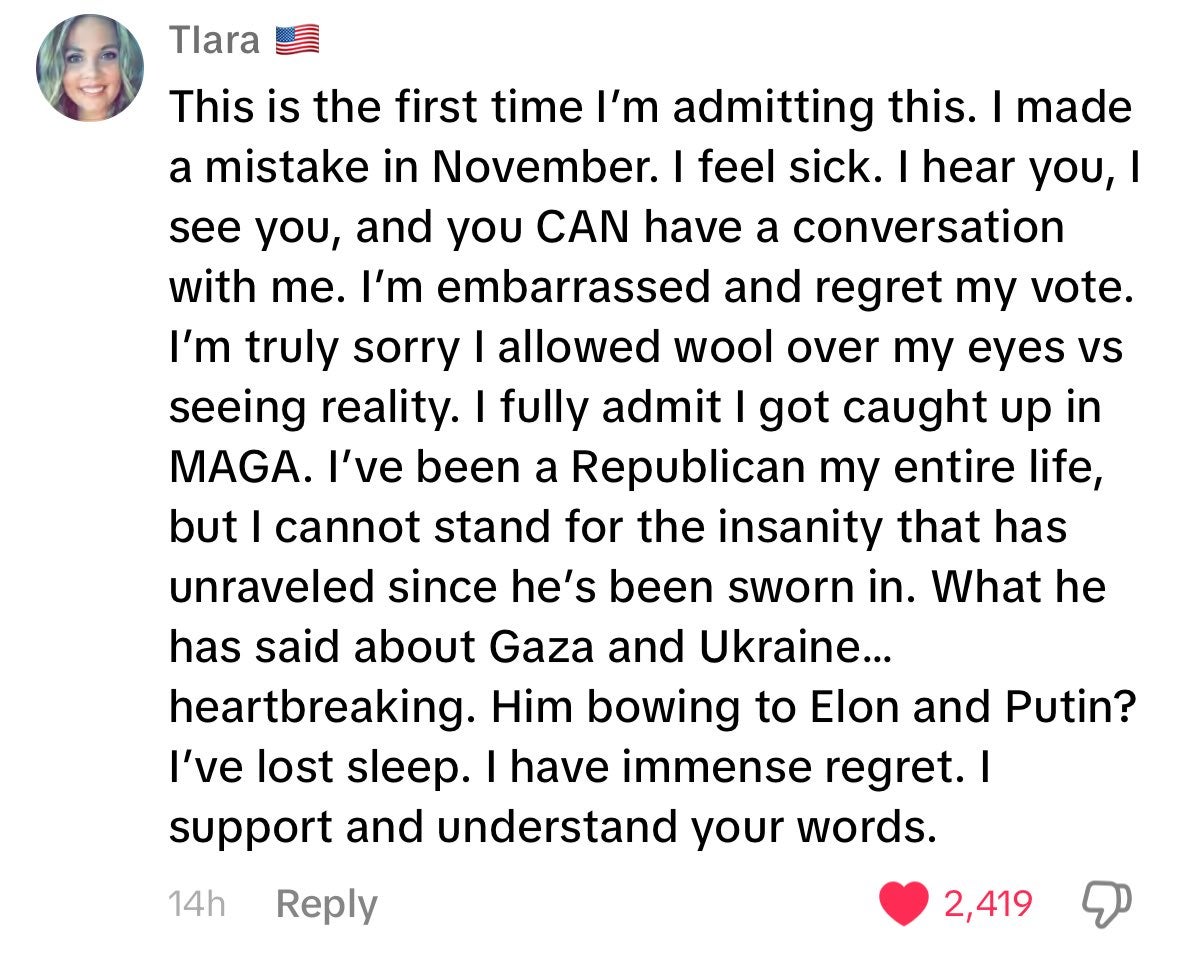 Trump supporter expressing regret for her vote