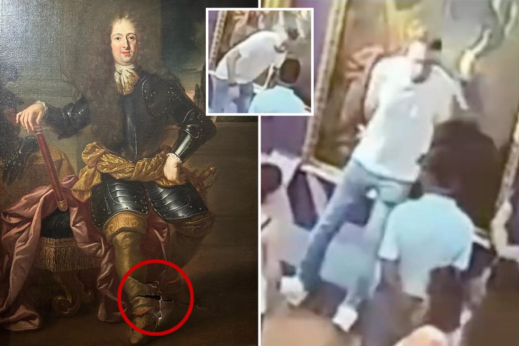 Bumbling tourist trips and puts hand through 300-year-old painting while posing for photo