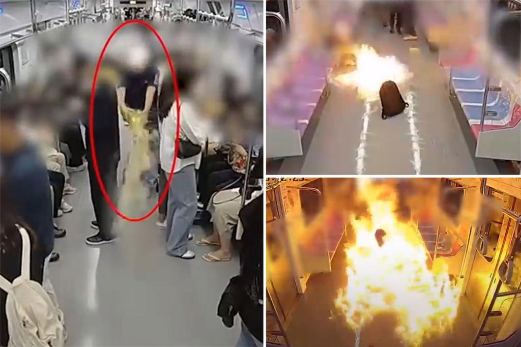Terrifying moment firebug starts raging inferno in subway car — in a rage over his divorce