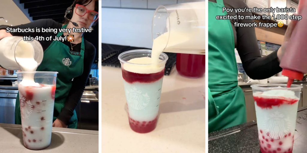 Starbucks baristas hype launch of the new Fireworks Frappuccino for July 4th, but customers aren't sure: "But, like, what’s in it?"