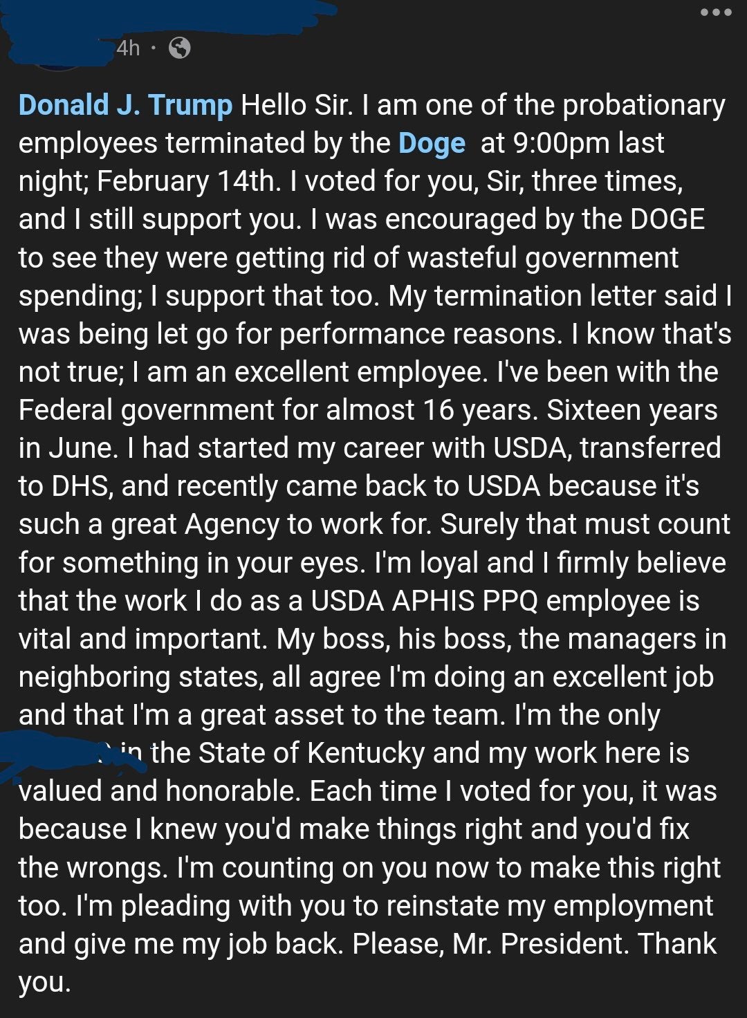 Facebook post by a Trump voter complaining that they were fired from the USDA.