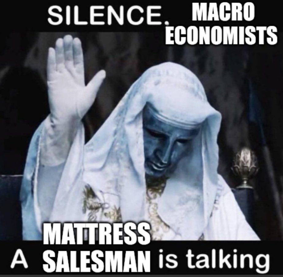 Tariff meme, text reads, 'Silence, macro economists, a mattress salesman is talking.'