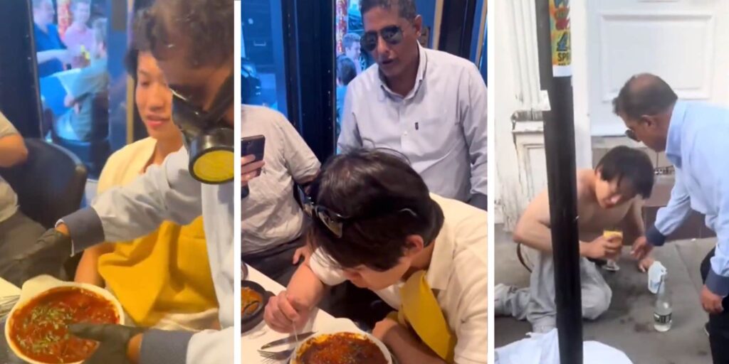Man collapses, ends up shirtless on the ground after one bite of the 72-chili "Hottest Curry Challenge"