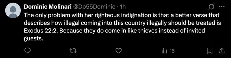 bible reading troll “The only problem with her righteous indignation is that a better verse that describes how illegals coming into this country illegally should be treated is Exodus 22:2. Because they do come in like thieves instead of invited guests,” commented @Do55Dominic. 