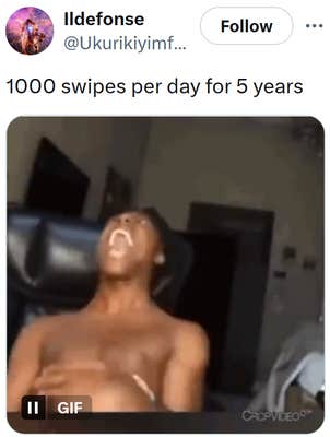 Tweet reading "1000 swipes per day for 5 years" with a gif of a man laughing.