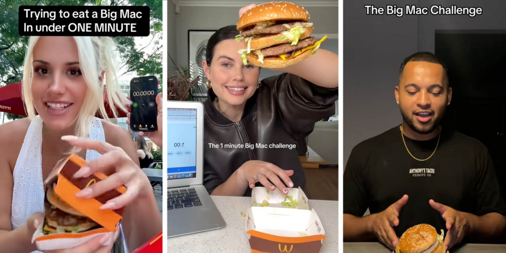 The "1 minute Big Mac Challenge" has social media trying to stuff McDonald's burgers down their throats in under a minute
