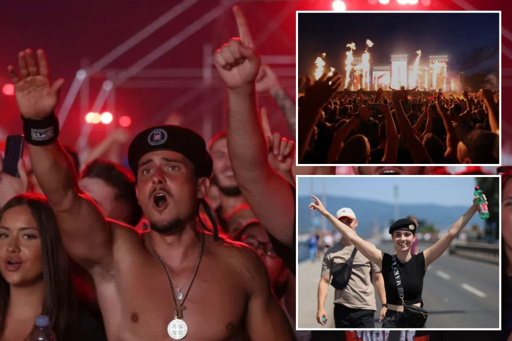 Croatian right-wing singer Marko Perkovic and fans perform pro-Nazi salute at concert