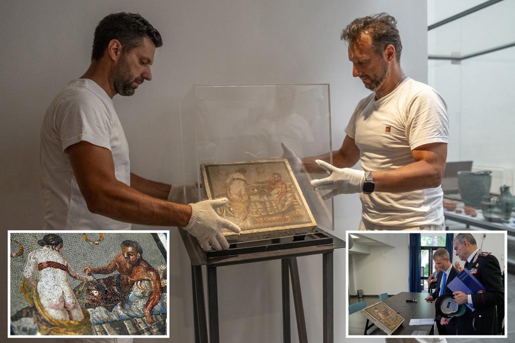 Roman-era mosaic panel with erotic theme that was stolen during World War II returns to Pompeii