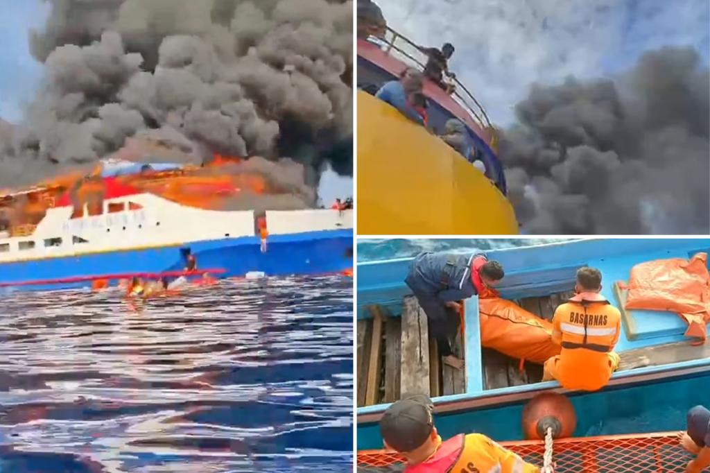 Ship carrying hundreds catches fire in Indonesia as frightened passengers were seen jumping into ocean to escape deadly blaze