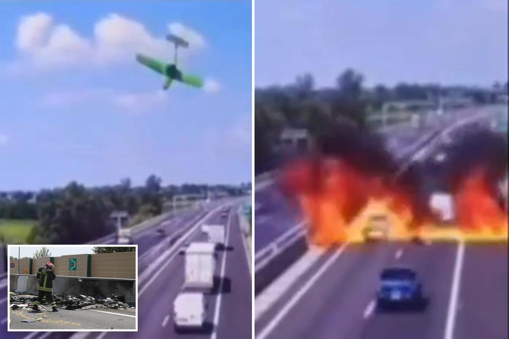 Plane nosedives and crashes into busy Italian highway, killing two in fiery explosion