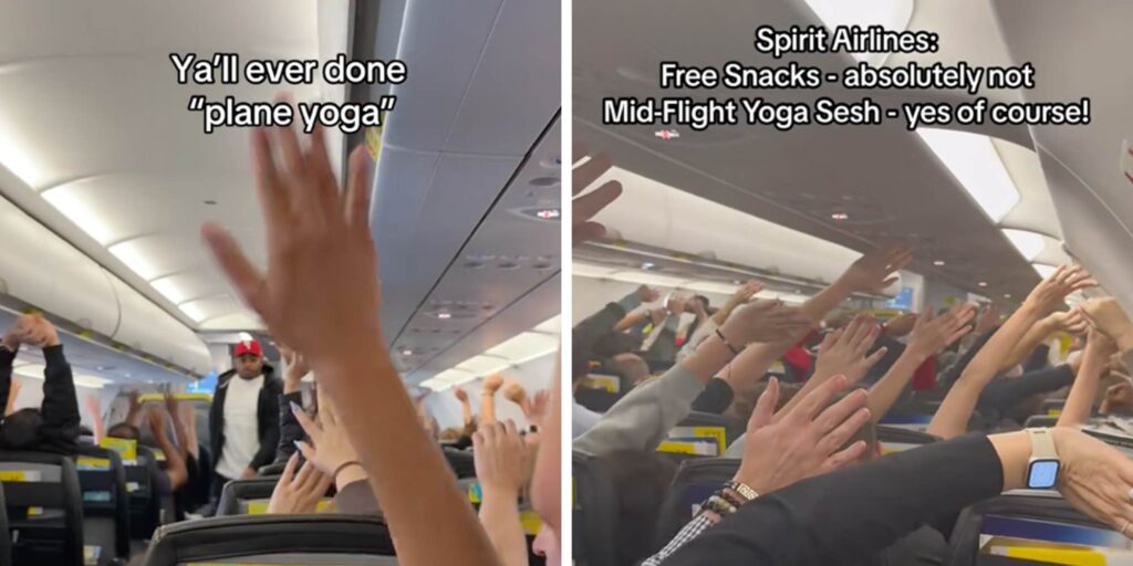 People are doing plane yoga now—and yes, there's a catch