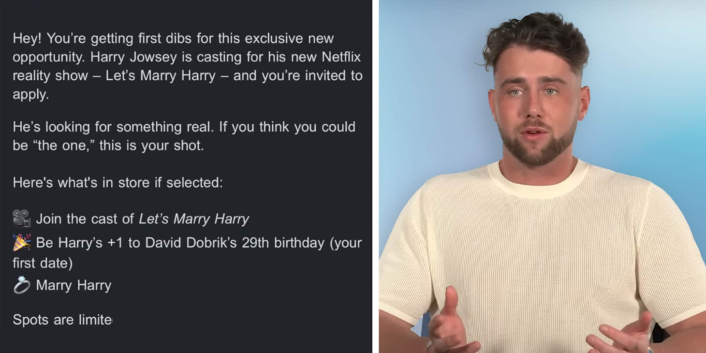 "This is my nightmare": Woman receives casting call for Harry Jowsey dating show, whose prize includes attending David Dobrik's wedding
