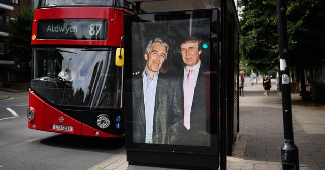 Trump and Epstein Photo Is Placed Near U.S. Embassy in London as Protesters Rally Against President’s U.K. Visits