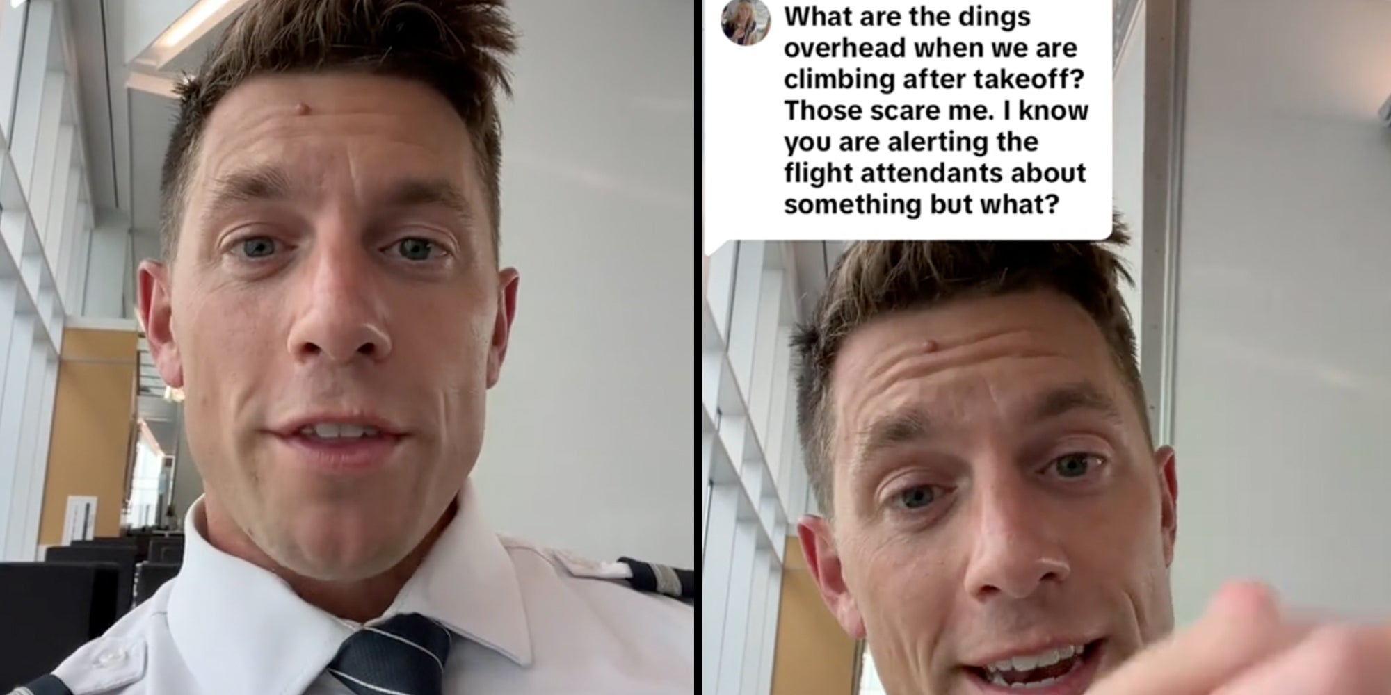 Airplane pilot in uniform speaking into the camera