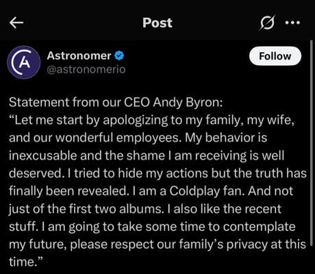 Fake statement from the CEO of Astronomer post-Coldplay concert.