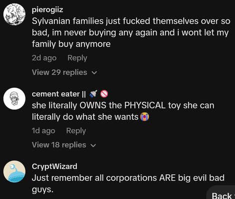 TiKTok comments including one reading "Sylvanian families just fucked themselves over so bad, im never buying any again and i wont let my family buy anymore"