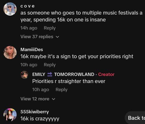 TikTok comments including one reading "as someone who goes to multiple music festivals a year, spending 16k on one is insane"