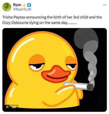 Tweet that reads, "Trisha Paytas announcing the birth of her 3rd child and the Ozzy Osbourne dying on the same day……….." with a GIF of a smoking rubber ducky.