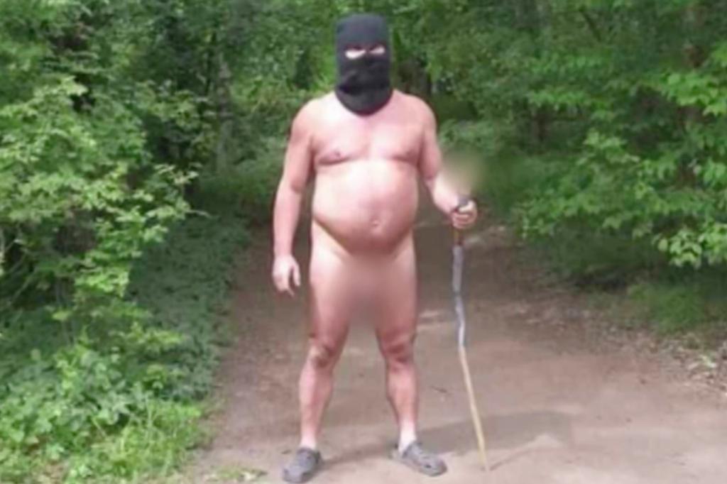 Naked man wearing only balaclava and plastic clogs — and carrying sex toy on stick — terrifies European tourists