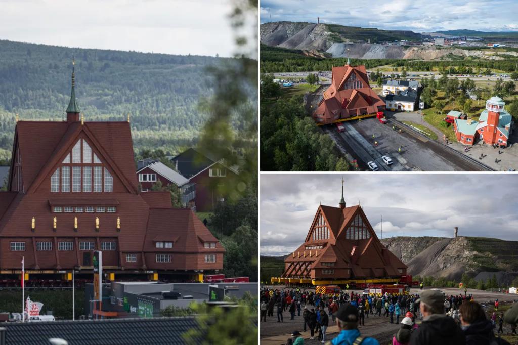 Swedish church being moved down the road before a mine swallows its town