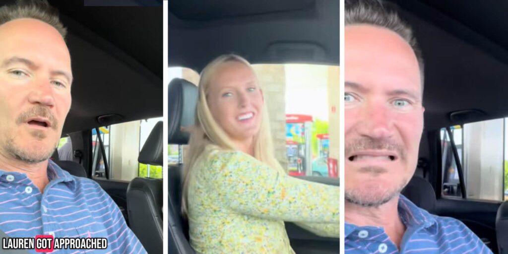 "And you sat there and let him?": Husband called out for doing nothing as man pumps his wife's gas