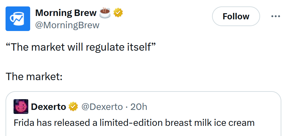 'Tweet reading '“The market will regulate itself” The market:'