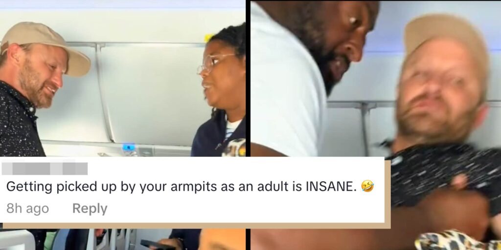 "Get over here!": Drunk passenger refuses to sit down, gets picked up and placed in his seat like a toddler