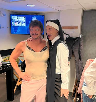 Pascal and Mick Jagger in lingerie and a nun's costume.