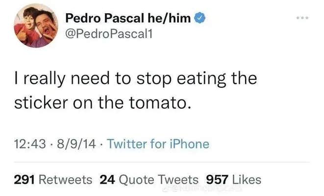 Tweet that reads, "I really need to stop eating the sticker on the tomato."