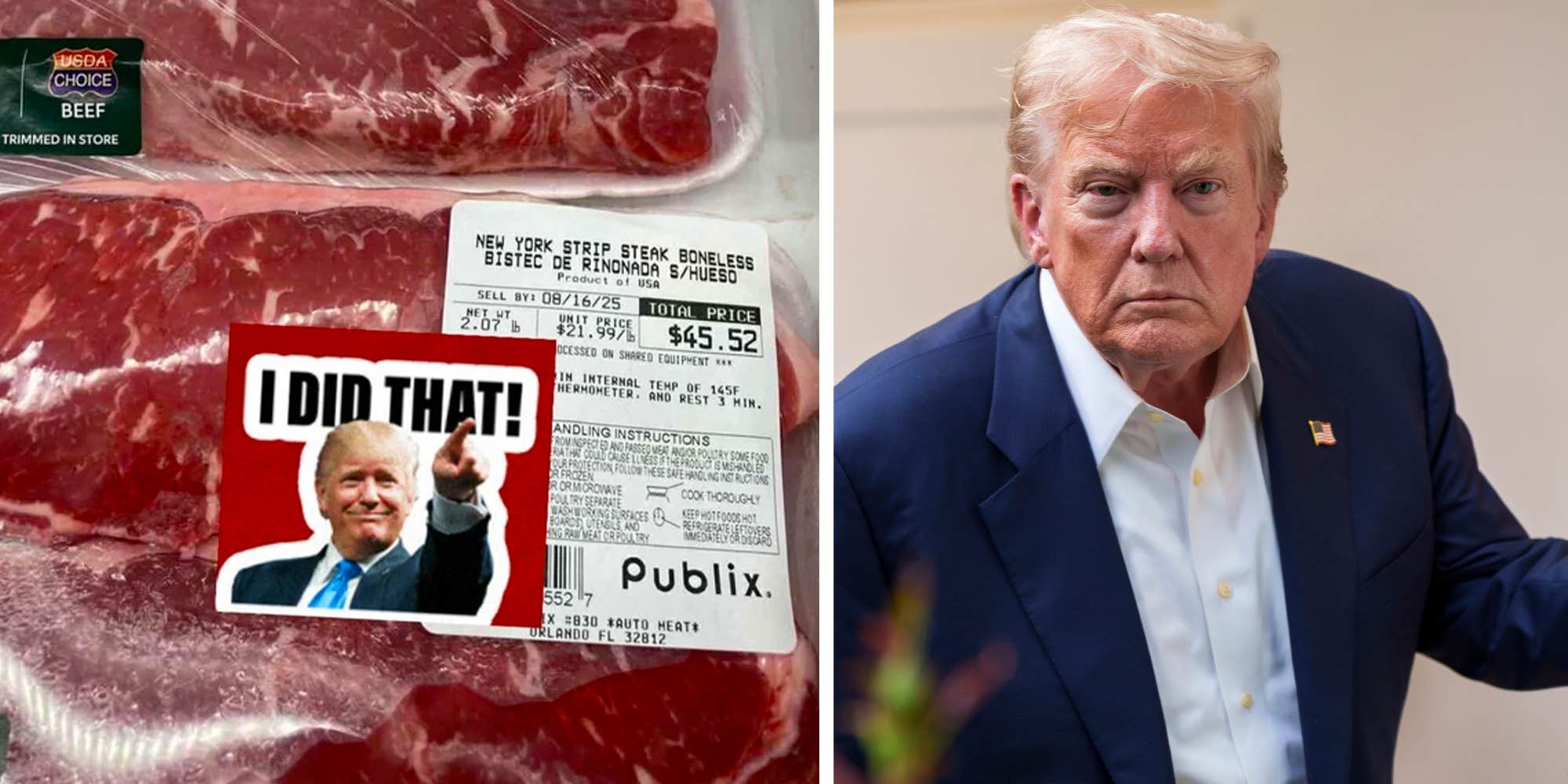 Shopper adds "I did that!" sticker with Trump's face to strip steak in Publix grocery store