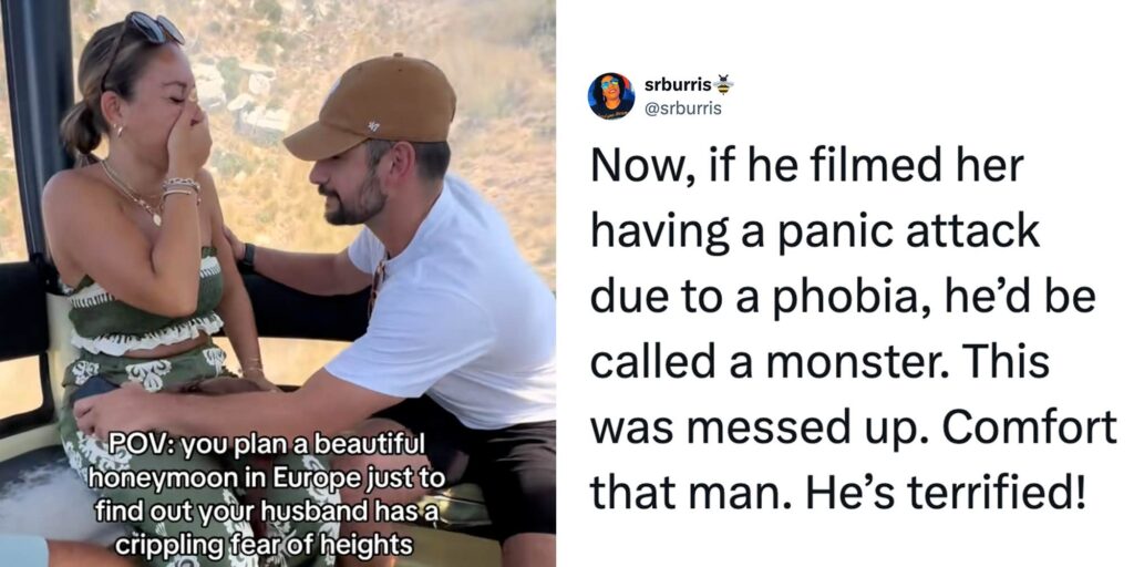 "Zero emotional support": Bride laughs as husband panics on gondola ride, commenters clash over whether it's cruel