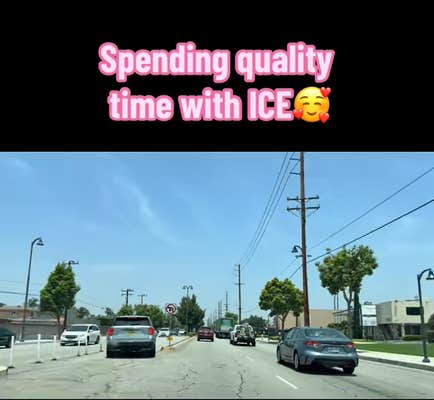 TikTok video of Angie's dash cam catching the ICE agent she was following making an illegal left hand turn. Text overlay reads, "Spending quality time with ICE (hearts smile emoji)"
