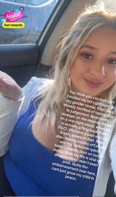 A blonde woman in a car shrugging her shoulders. Text overlay talks about her experience with going viral on Allen's video.