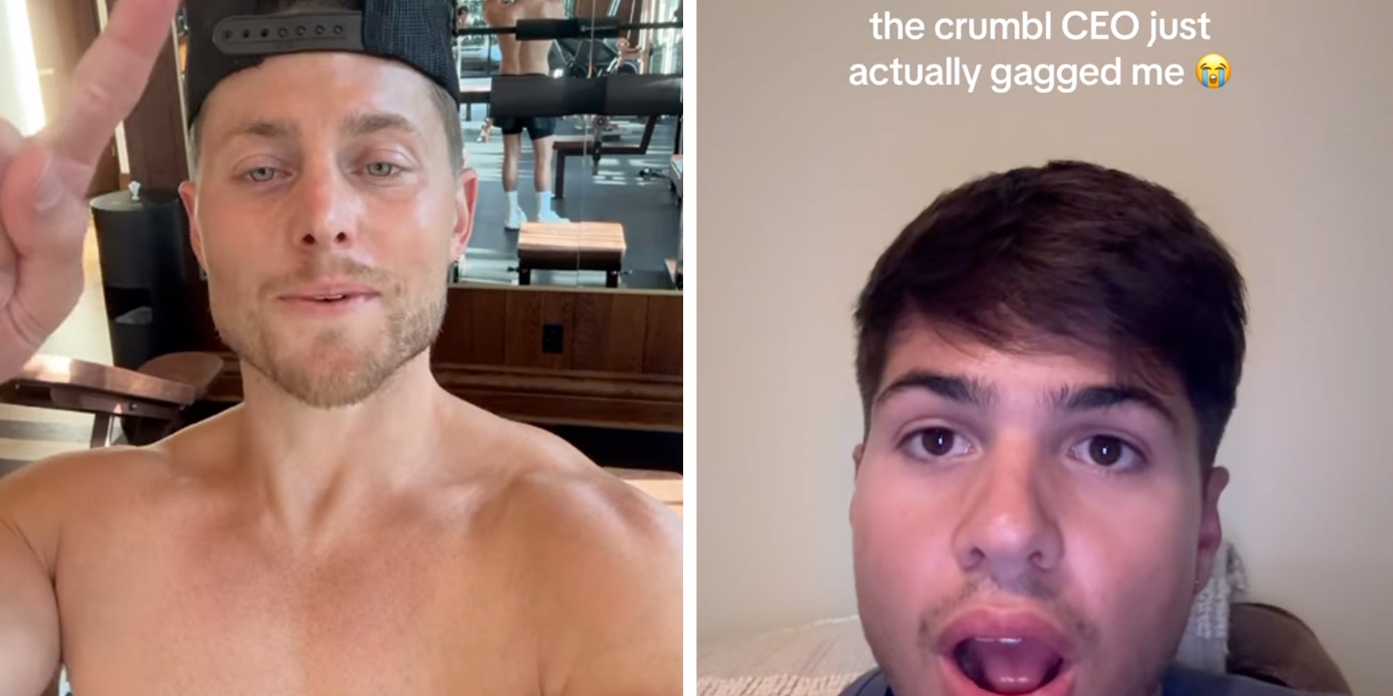 Left: Crumbl Cookies co-founder and Chief Branding Officer Sawyer Hemsley shirtless in a gym. Right: TikToker with his mouth open in surprise, caption overlay reads, "The Crumbl CEO just actually gagged me."