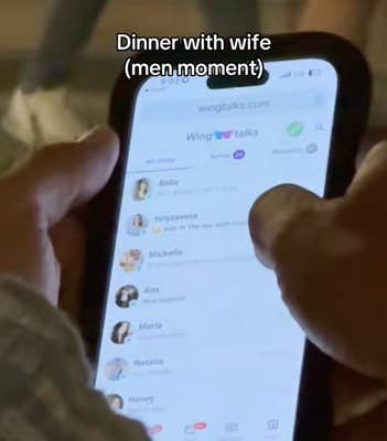 The married man in the clip is seen messaging a woman on the chat platform Wingtalks during dinner with his wife. “I love you my beautiful. I love you with all my heart,” he wrote. 