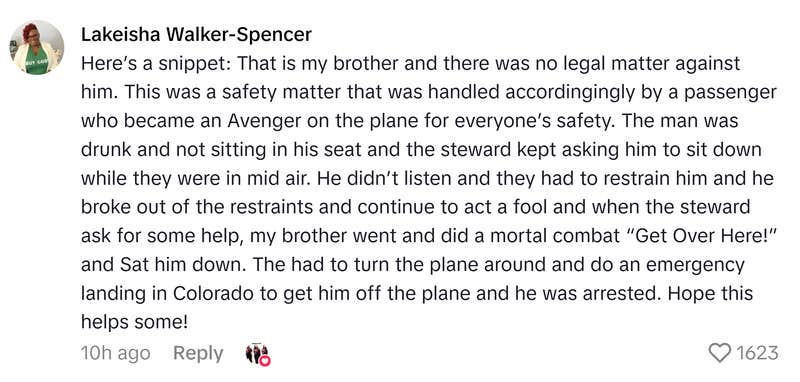 TikTok comment that reads, "Here’s a snippet: That is my brother and there was no legal matter against him. This was a safety matter that was handled accordingingly by a passenger who became an Avenger on the plane for everyone’s safety. The man was drunk and not sitting in his seat and the steward kept asking him to sit down while they were in mid air. He didn’t listen and they had to restrain him and he broke out of the restraints and continue to act a fool and when the steward ask for some help, my brother went and did a mortal combat “Get Over Here!” and Sat him down. The had to turn the plane around and do an emergency landing in Colorado to get him off the plane and he was arrested. Hope this helps some!"