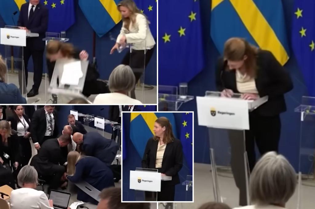 Moment Sweden’s newly appointed health minister collapses during press conference