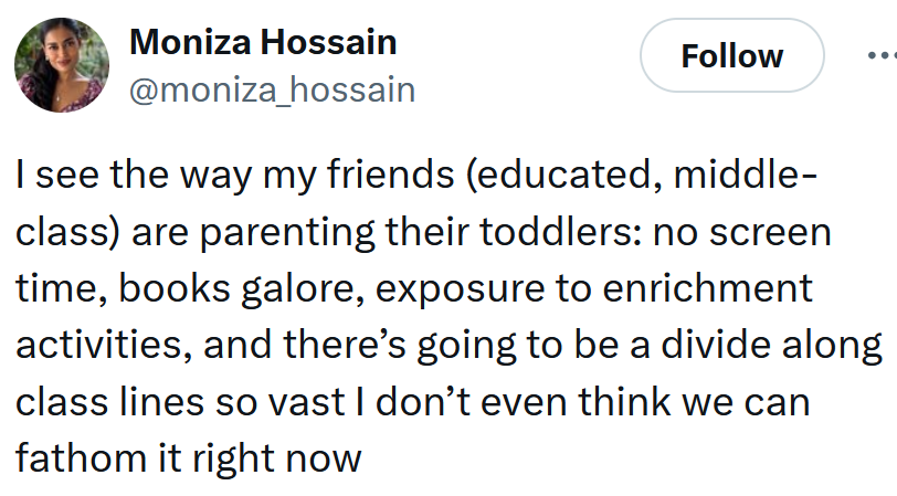 Tweet reading 'I see the way my friends (educated, middle-class) are parenting their toddlers: no screen time, books galore, exposure to enrichment activities, and there’s going to be a divide along class lines so vast I don’t even think we can fathom it right now'