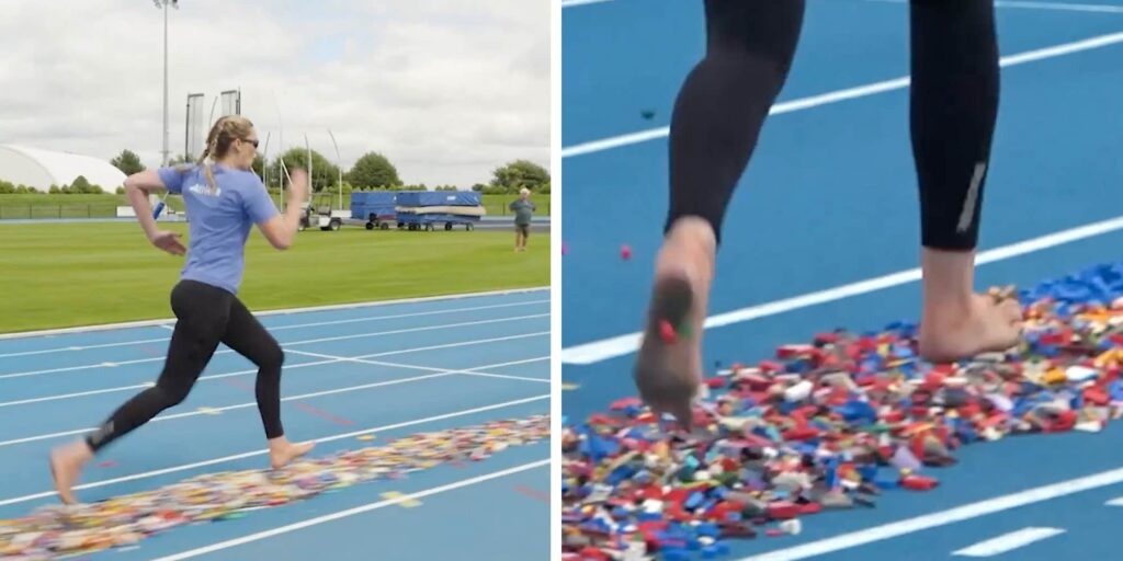 Mom breaks Guinness World Record sprinting across Legos barefoot—and everyone's making the same joke