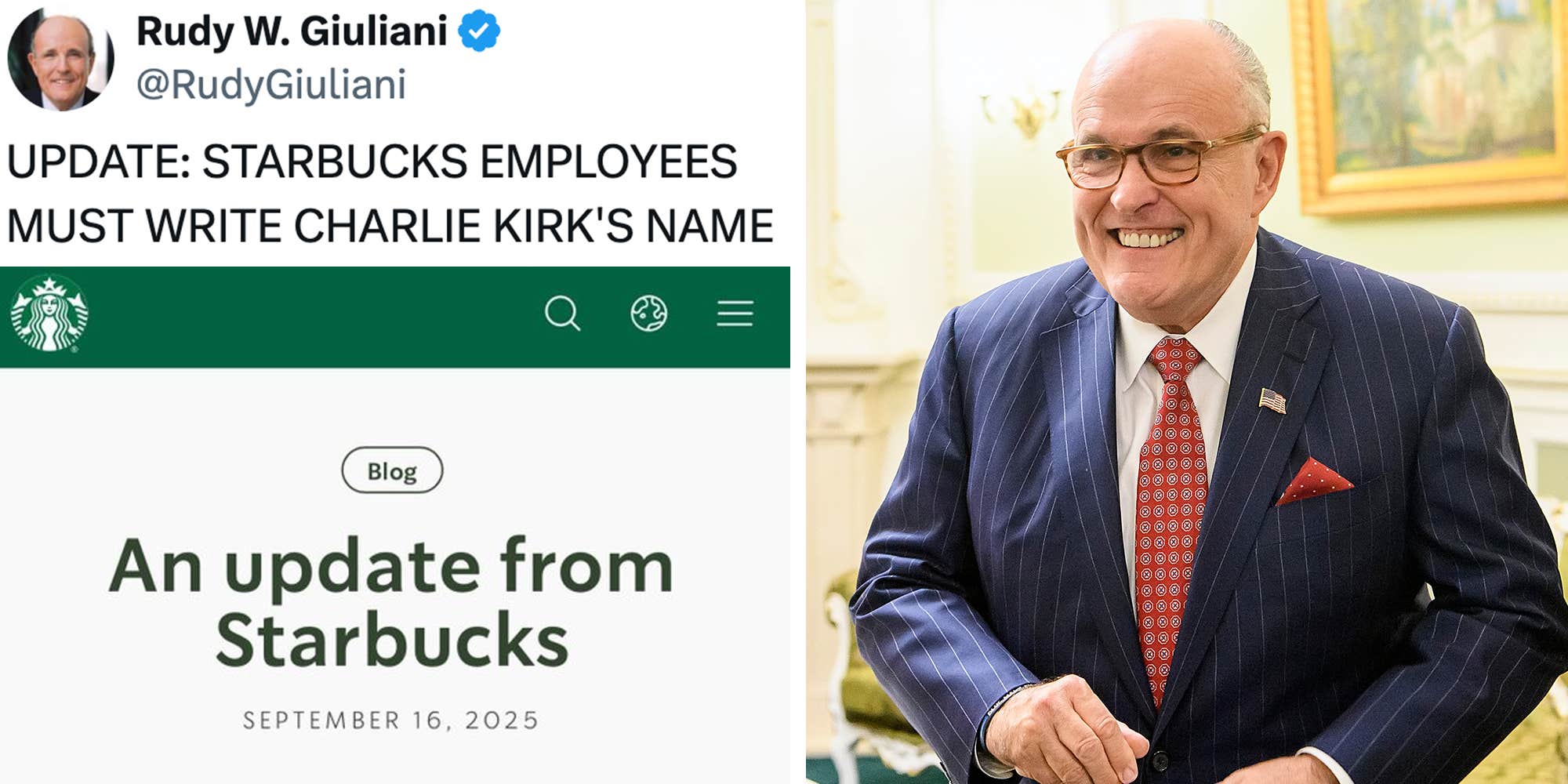 Rudy Giuliani celebrates after Starbucks says Charlie Kirk's name can be written on cups