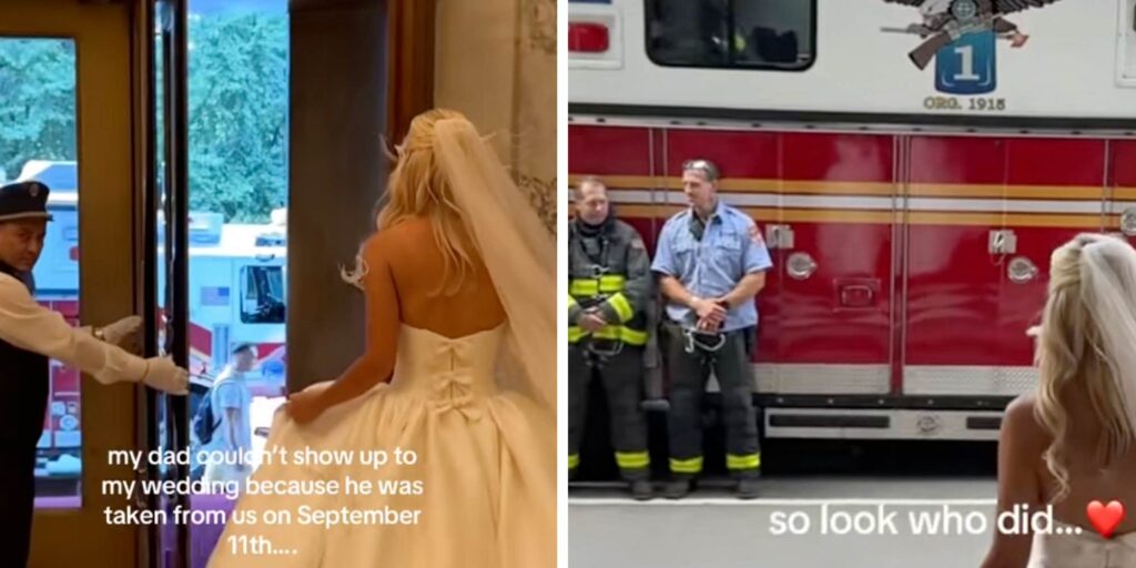 "Your brother crying pushed me over the edge": Bride breaks down after firefighters show up to honor her father who died in 9/11