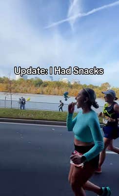 Woman running in a marathon and eating a Rice Krispie Treat.