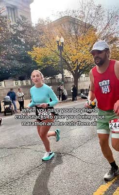 A woman running in a marathon, text overlay reads, "when you gave your boyfriend extra snacks to give you during your marathon and he eats them all."