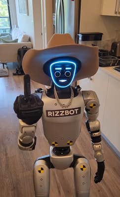 Rizzbot giving the camera the middle finger.