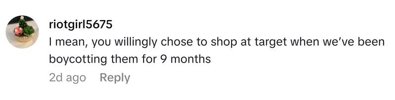 TikTok comment that reads, "I mean, you willingly chose to shop at target when we’ve been boycotting them for 9 months"